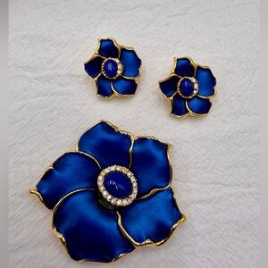 Vintage Pan Pacific Vibrant Blue Flower Jewelry Set clip earrings